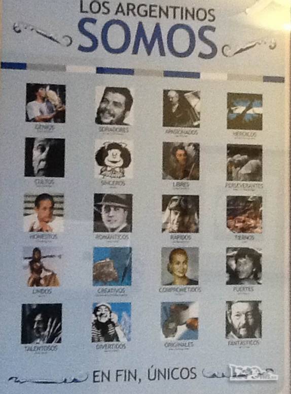 Poster que, usando personagens marcantes da Argentina, exalta os valores e qualidades de nossos hermanos (em restaurante de Los Antiguos, na Argentina)